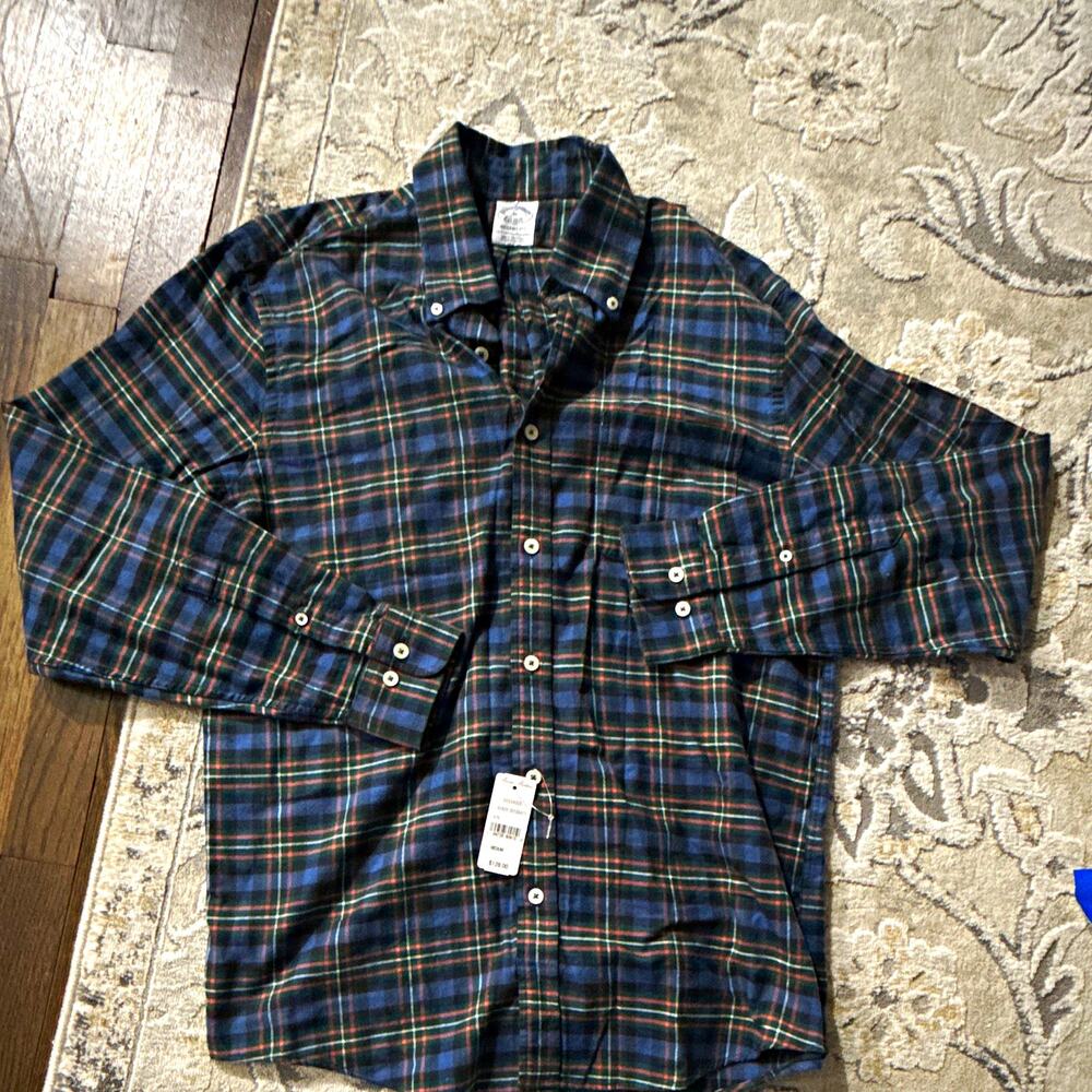 Brooks Brothers Regent Fit Men's M Blue Green Plaid Flannel Button-Down Shirt
